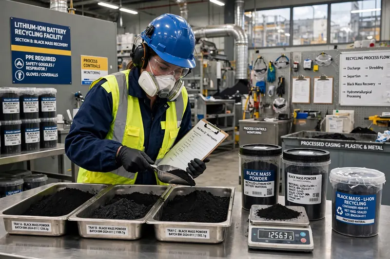 Trays of black mass recovered from lithium-ion batteries