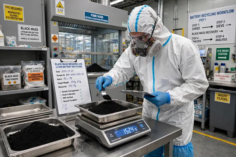 Technician in protective suit weighing black mass