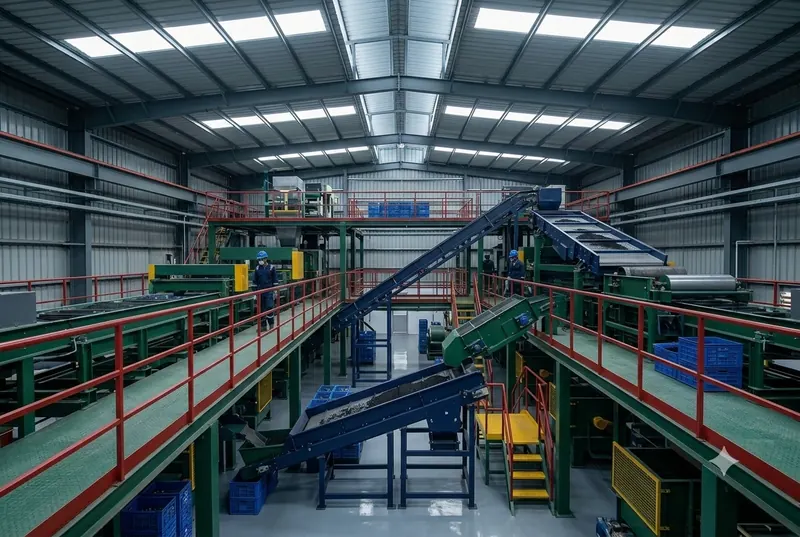 Wide view of the plant hall with an inclined conveyor line