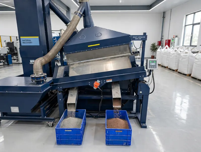 Density separator discharging recovered fractions into crates