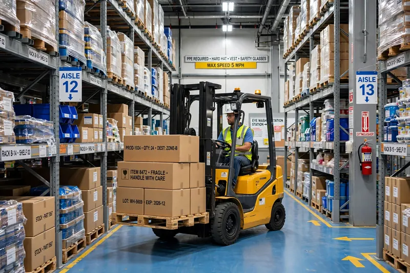 Forklift moving cartons through a warehouse aisle