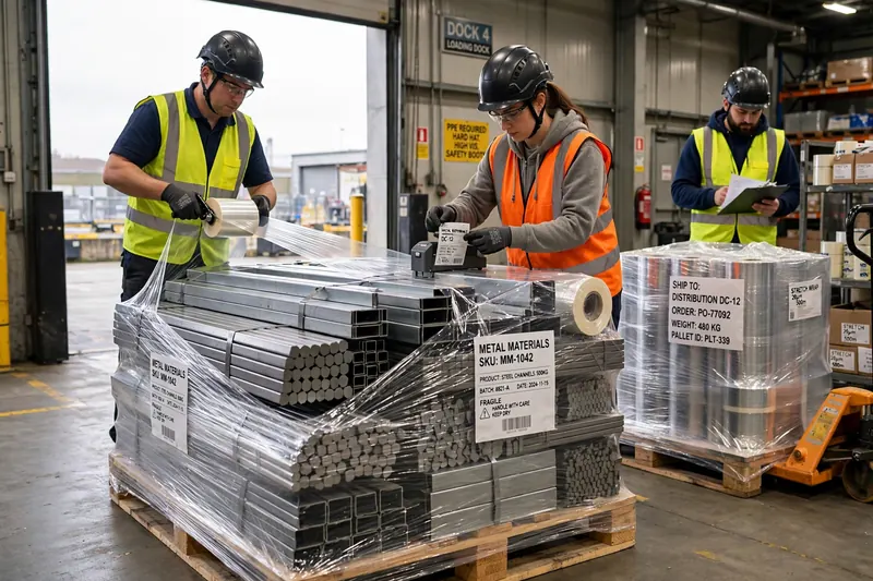 Workers handling bundled material for dispatch