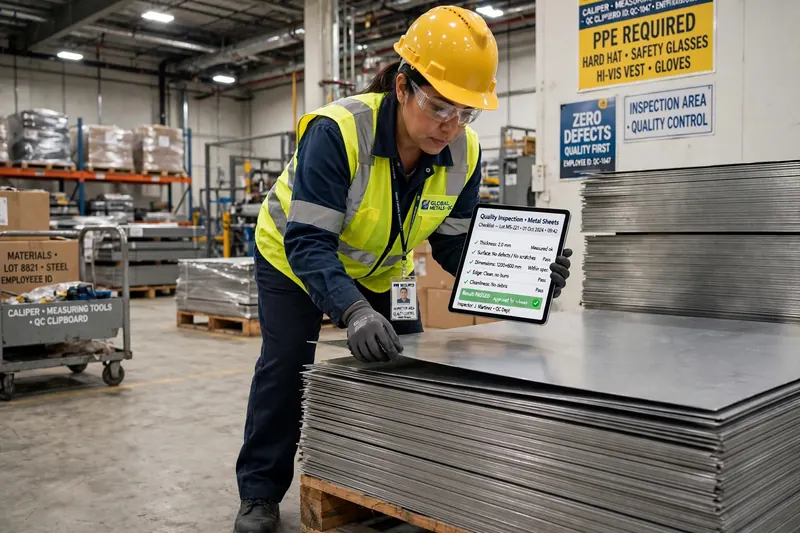 Worker checking and packing metal sheets