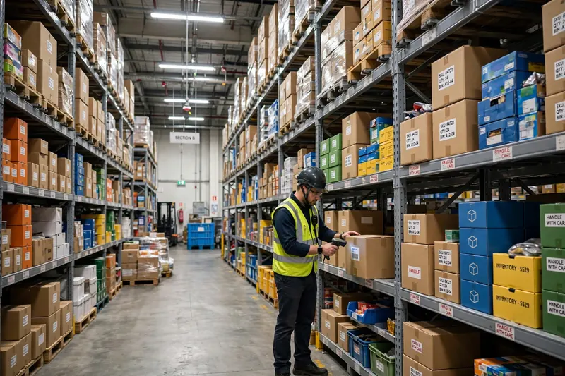 Wrapped pallets staged in a marked bay for dispatch