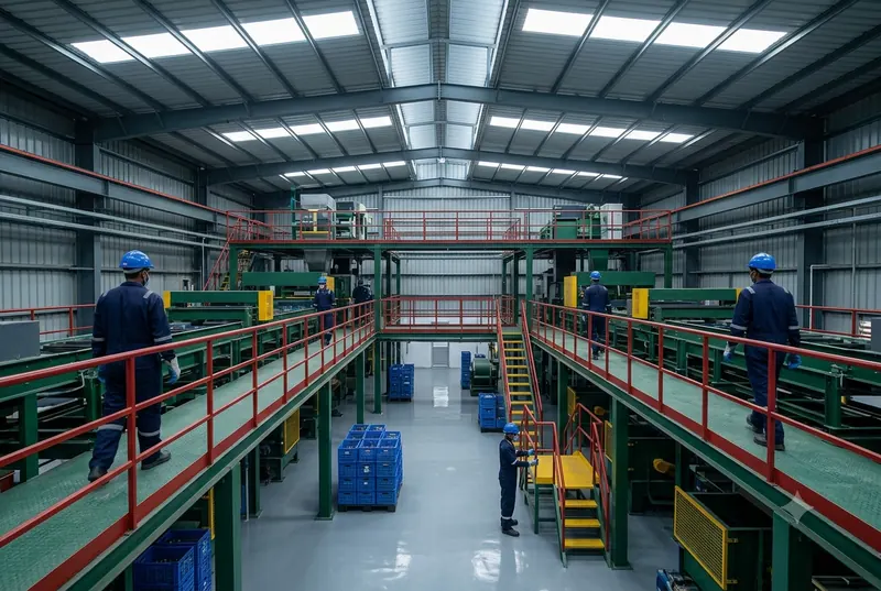 Battery recycling plant hall with mezzanine walkways and processing lines