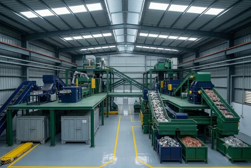 Rows of material sorting stations on the plant floor