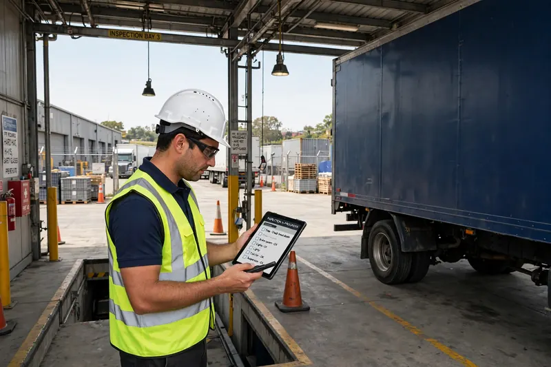 Inspector with a tablet checking a truck at the inspection bay
